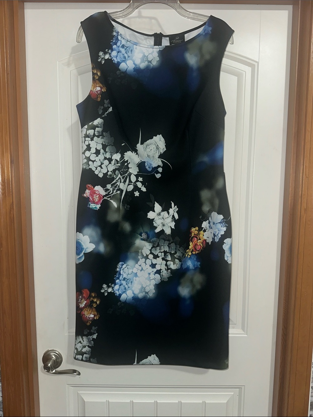 Adrianna Papell Black Floral Sheath Dress with Blue and White Accents size 14